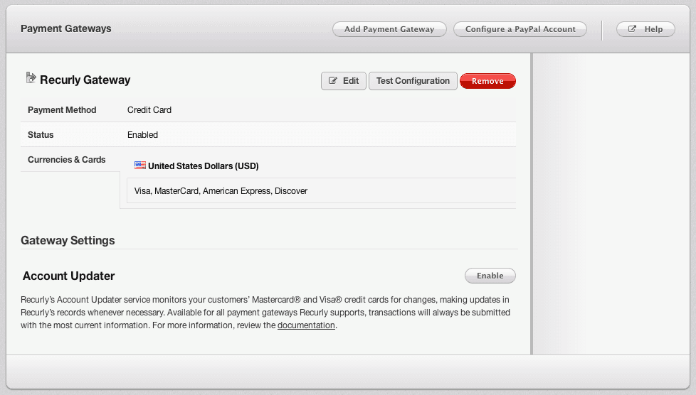 Payment Gateways screen