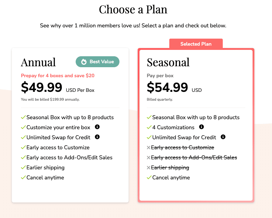 A screenshot of FabFitFun's subscription plan options