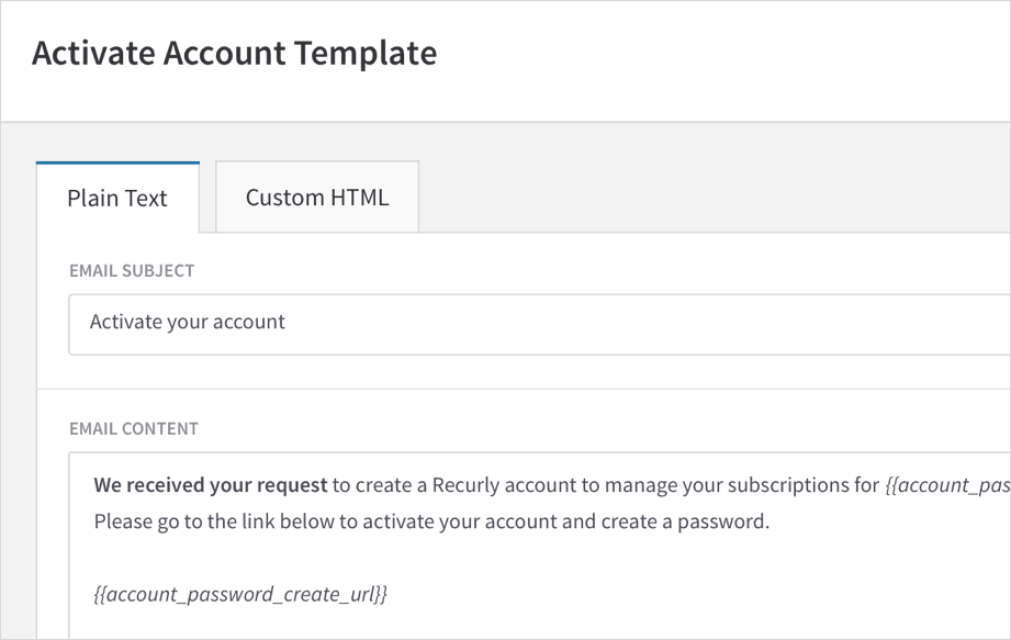 Activate Account Template screen on Recurly software