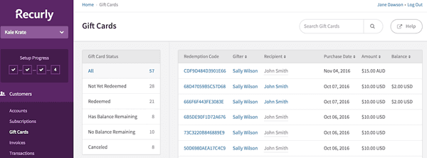 Gift Cards screen on Recurly software