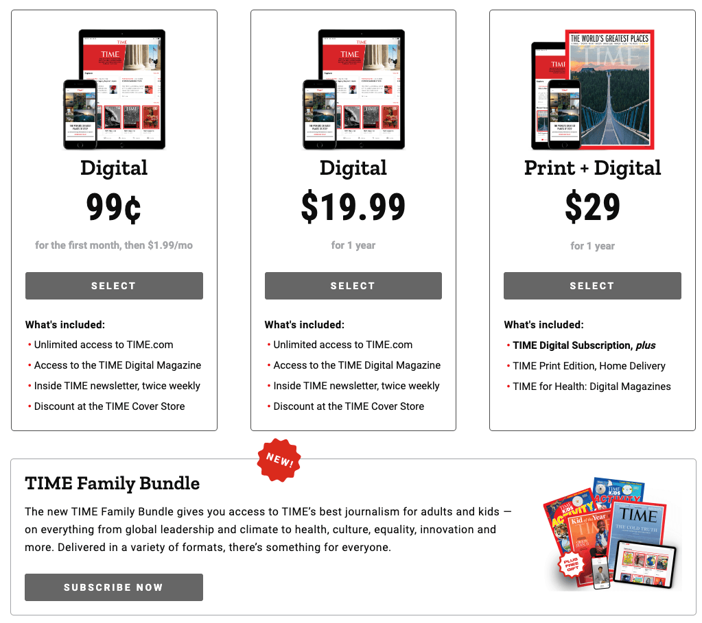 A screenshot of TIME Magazine subscription plans