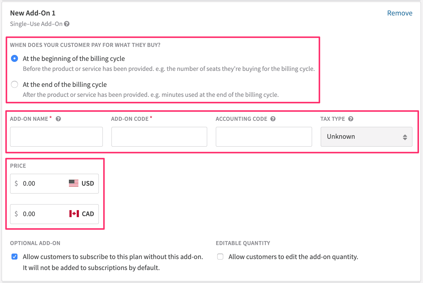 Non Item Add-On screen on Recurly software