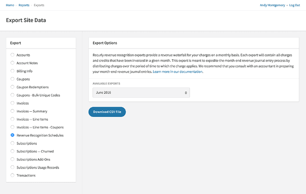 Export Site Data on the Recurly software