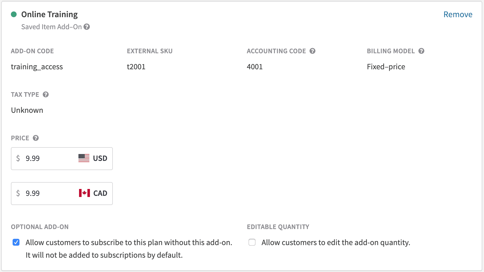 Item Add-On screen on Recurly software