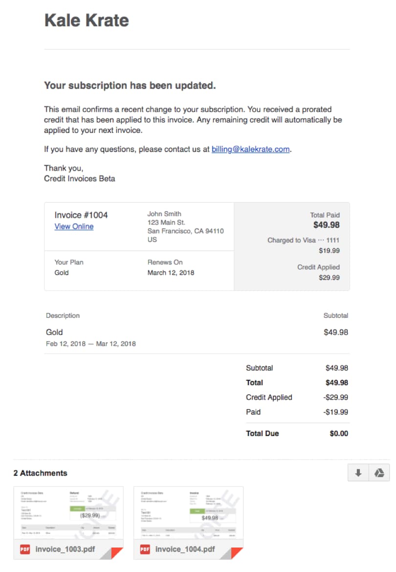Subscription update email