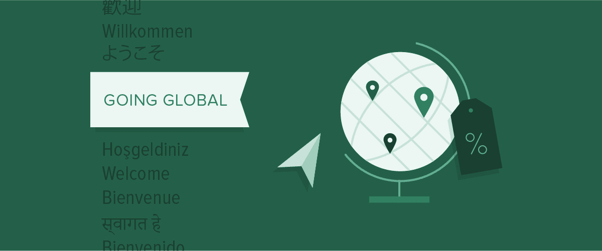 Going global banner showing various languages and globe