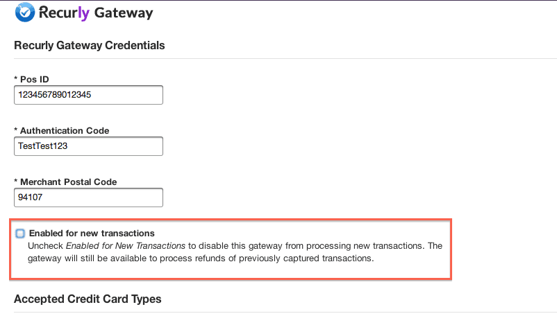 Recurly Gateway screen