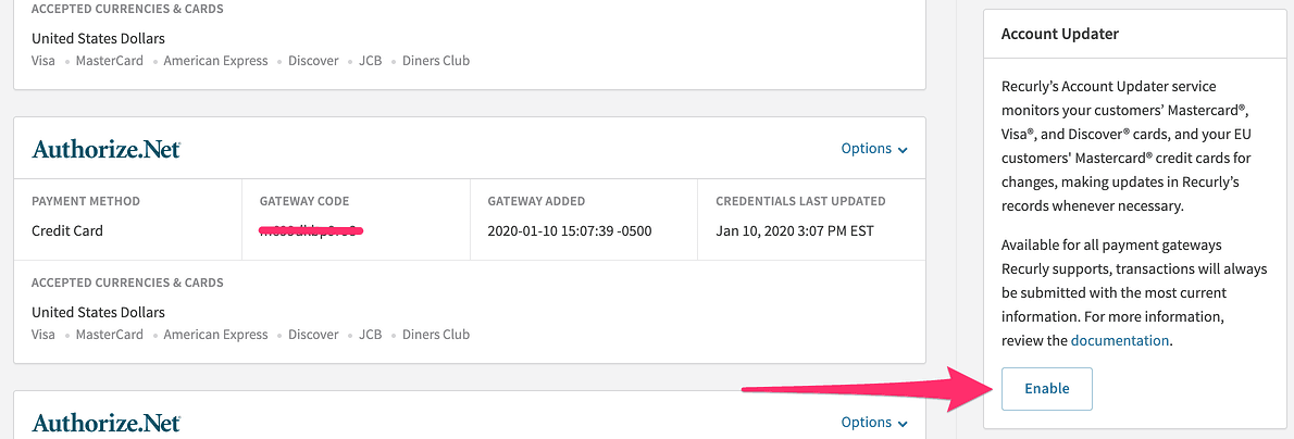 Enable Account Updater on Recurly software