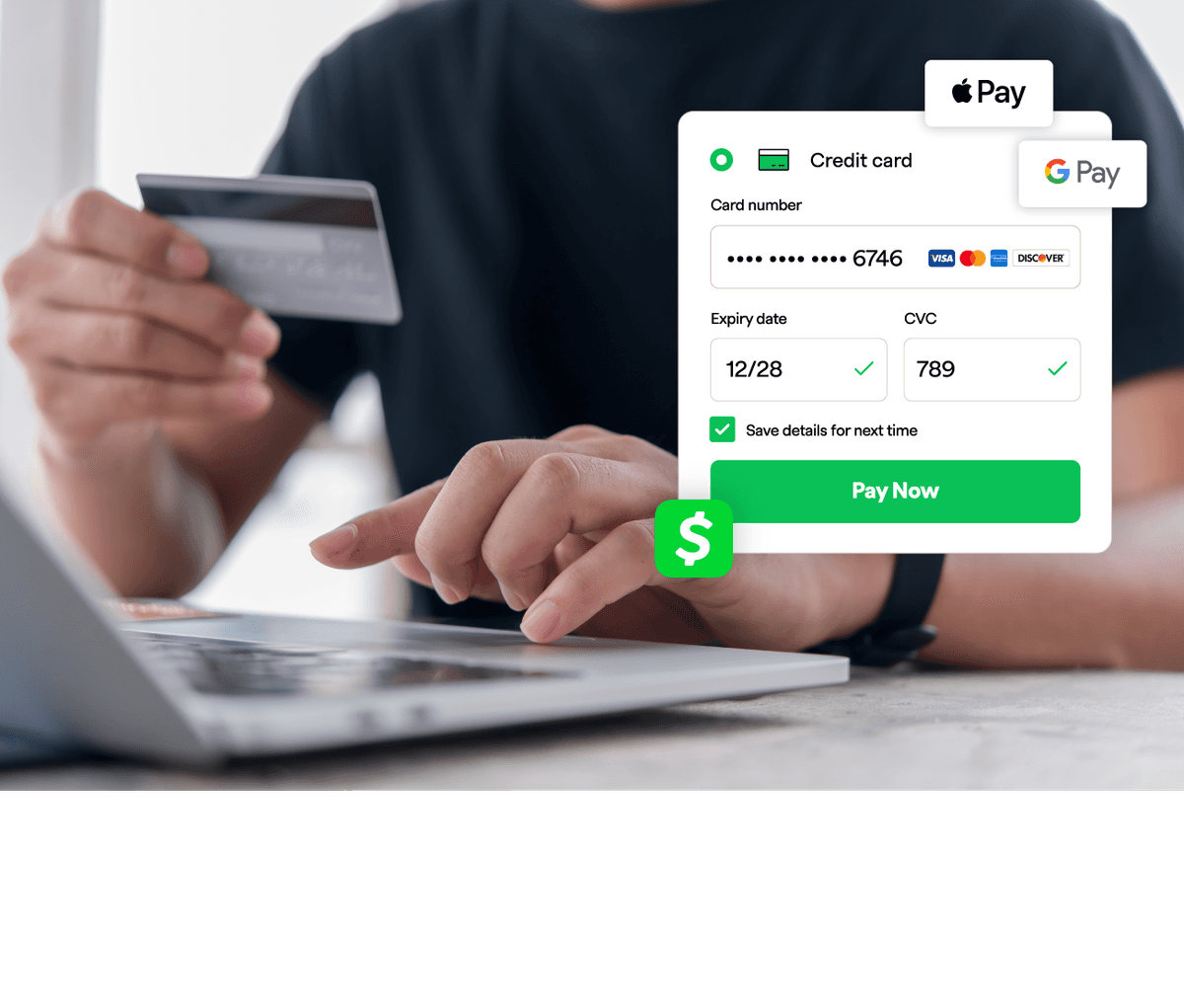 Person holding a credit card while entering payment details on a laptop, with digital payment options displayed.