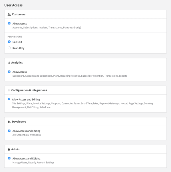 User Access screen on Recurly software