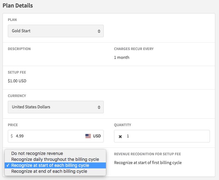 Plan Details screen on the Recurly software