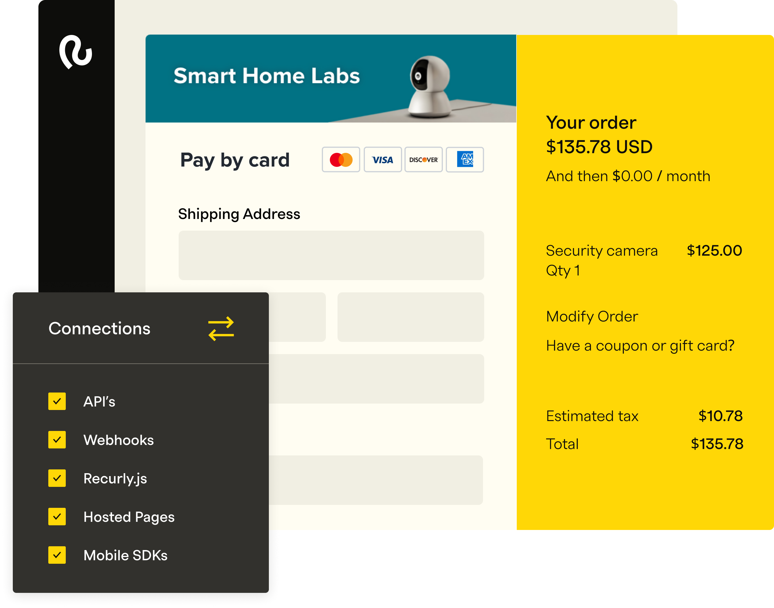 Smart Home Labs checkout Connections: APIs, Webhooks, Recurly.js, Hosted Pages